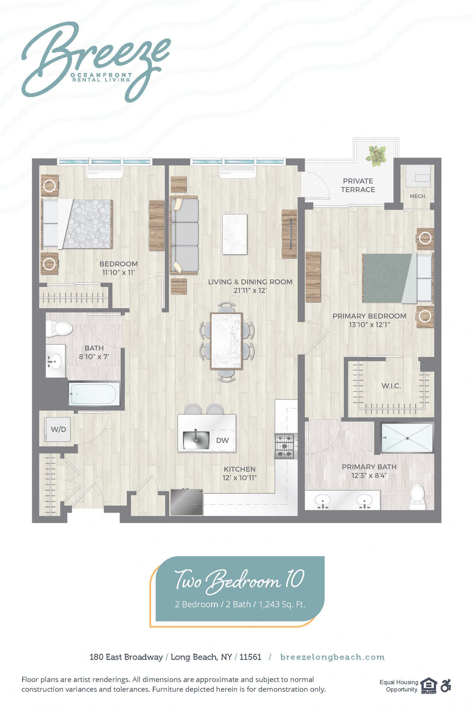 Floor plan for 2 beds, 2 baths, 1243 sqft